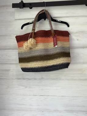 Merona Multicolor Striped Crochet Woven Tote Bag with Pom Poms